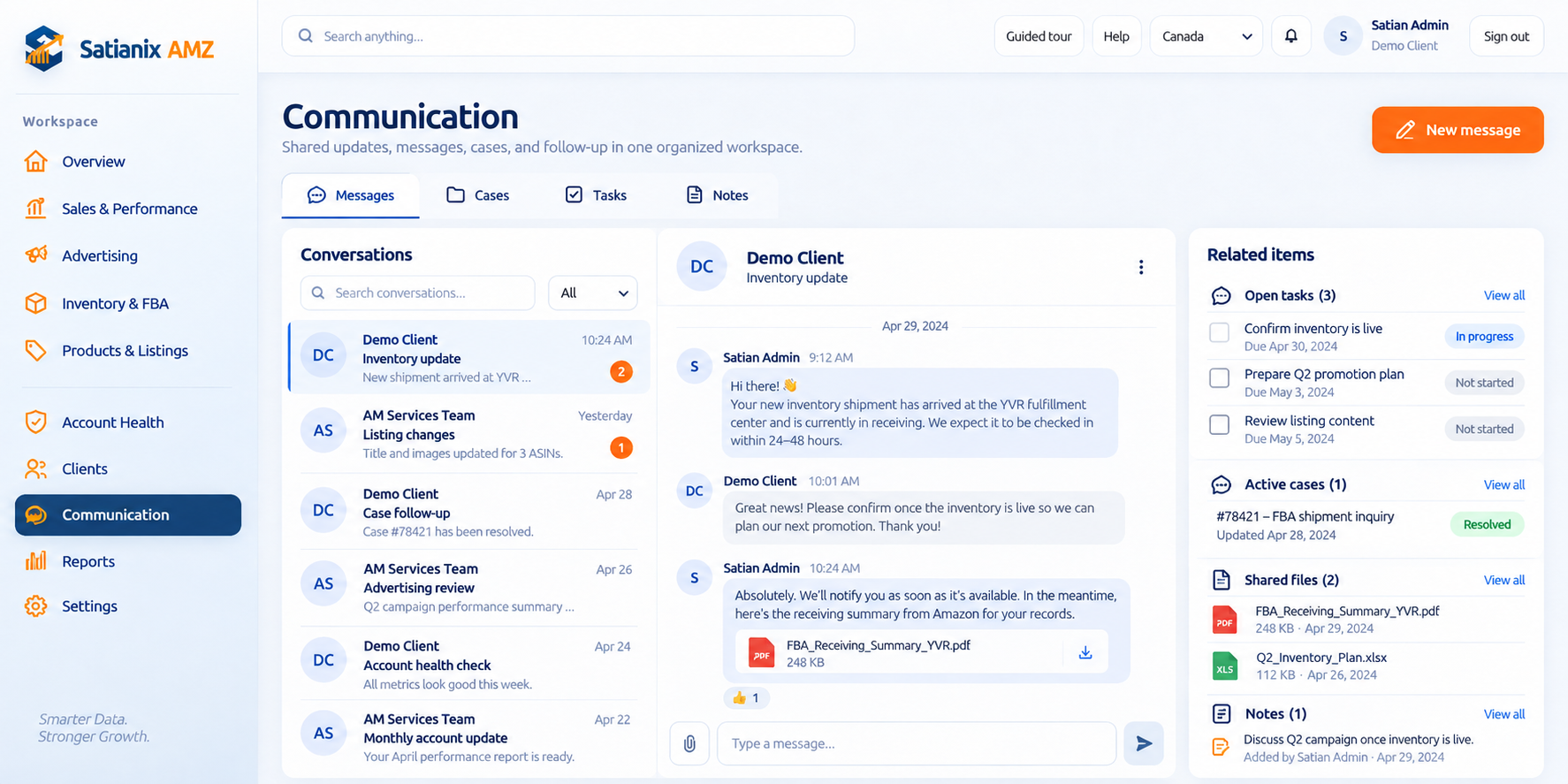 Satianix AMZ communication workspace showing messages, tasks, cases, notes and shared files